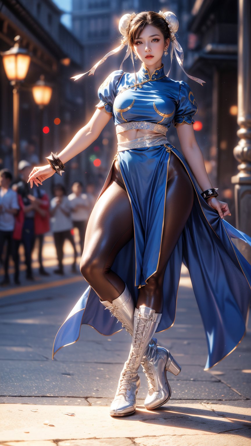 (Best quality, 32k, Masterpiece, Photorealistic, high contrast, UHD:1.2),lifelike rendering, high-resolution clarity,  RAW pictures, real photo,Best Quality, photorealistic, ultra-detailed, finely detailed, high resolution, perfect dynamic composition, 

1girl, solo, (chun li, chun-li), arrogant, stern eyes, beauty, chinese, (brown eyes, bright pupils), makeup, beautiful detailed lips, lipstick, brown hair, short hair, (double bun), bun cover, large breasts, narrow waist, wide hip, slender figure,(hourglass_figure, huge_breasts:1.4, bursting breasts:1.4, voluptuous, curvy_figure, curvaceous), (athletic, muscular:1.4, abs, muscular arms:1.2, muscular legs:1.4) , beautiful legs,(blue dress, short_sleeves, pelvic curtain, spiked bracelet, sash, brown pantyhose, white laceup boots) ,dynamic pose, sexy poses,

background, at china town street, kung-fu, depth of field,  looking at viewer,1 girl, realism, doub, full body