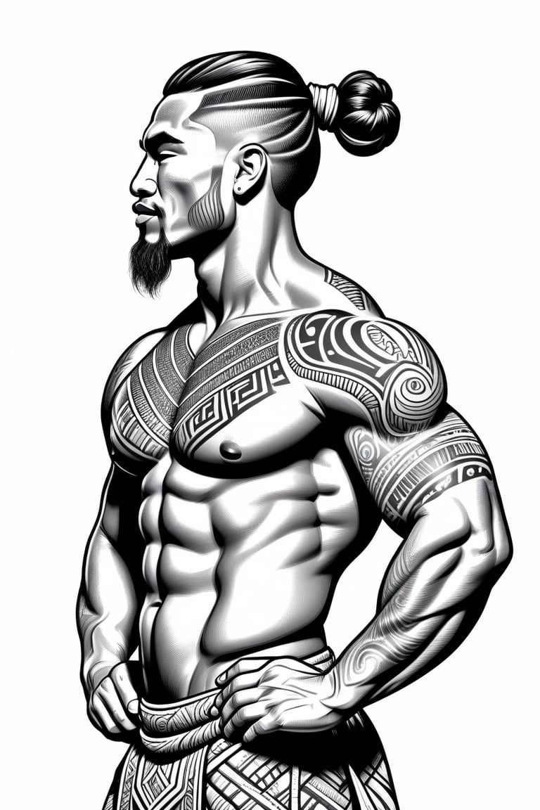 detailed full body of Masculine Maori Polynesian guy, big muscles, top knot man bun, side view, coloring page illustration, only black and white colors, without shadows and grey, white background, thin lines, outline vector style graphic, Coloring Book, ColoringBookAF, subtle smile,design,abstract,graffiti,Grt2c,