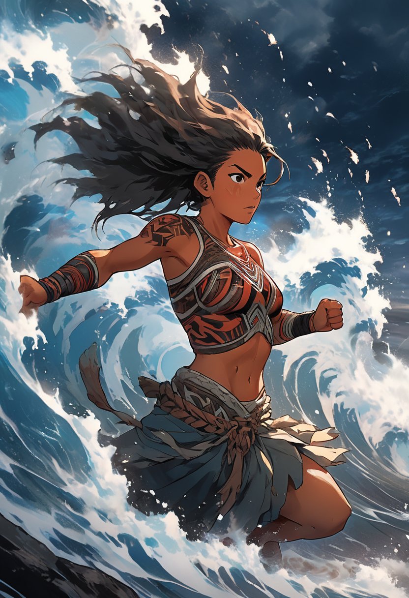 score_9, source_anime, (?-panel comic)(A heroic Maori Polynesian girl with Maori tattoos, side view, she is looking out to the distance, anime protagonist unleashing their ultimate water attack. The character is in a dynamic pose, emerging from the stormy sea with energy radiating from their closed fist. The scene is vibrant with intense light, motion lines, and a powerful ocean aura around the protagonist. The background can vary from a battle-scarred landscape to diverse environments like a cliffside sea, or futuristic setting. The ultimate attack can take on different forms and elements, such as beams of energy, elemental effects, or large explosions.)Dynamic Angles: Use dramatic camera angles, like low-angle shots looking up at your protagonist or high-angle shots looking down on them, to create a sense of scale and power. Wide Shots: Employ wide shots to show the full scope of an attack and the surrounding environment, emphasizing its impact. Motion Blur: Apply a motion blur effect to capture the speed and force of an attack, making a scene feel more dynamic and energetic.