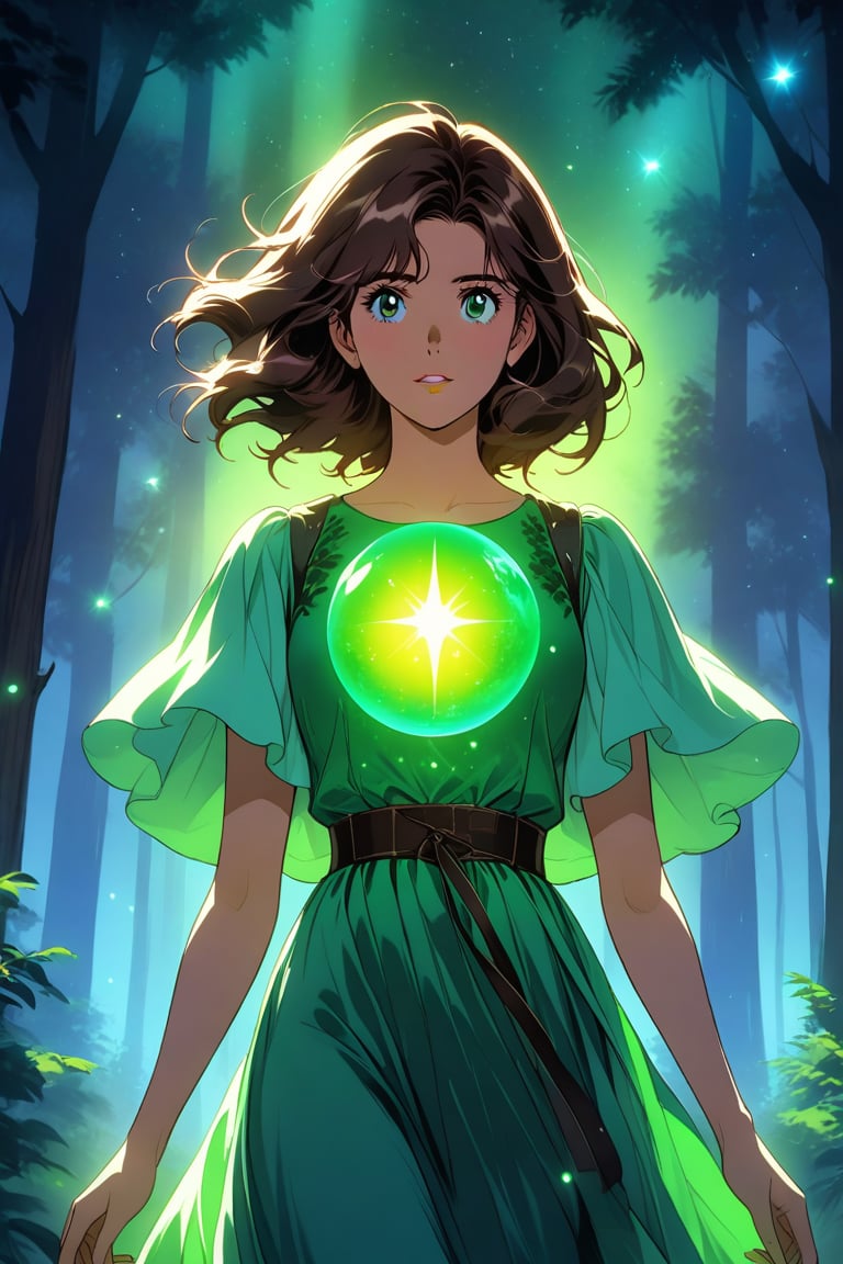 A young girl, her eyes wide open in wonder, wears an emerald green dress that blends in with the surrounding forest. Her brown hair, moved by the wind, frames a delicate and determined face.
A luminous sphere of energy emanates from her open hands. The sphere emits an intense glow, illuminating the scene and casting suggestive shadows on the surrounding trees.
In the background, a nocturnal forest, wrapped in a magical atmosphere. The trees, tall and majestic, stand out against a starry sky. Small fireflies dance among the branches,
The image must convey a sense of wonder, discovery and power. The colors should be bright and saturated, with a predominance of greens, blues and purples. The lights and shadows must create a suggestive contrast, emphasizing the magic of the scene.
A Disney cartoon from the 80s, with clean lines and bright colors. The image must have a soft and dreamy look, with a touch of romance inspired by the style of the cartoon "Robin Hood".