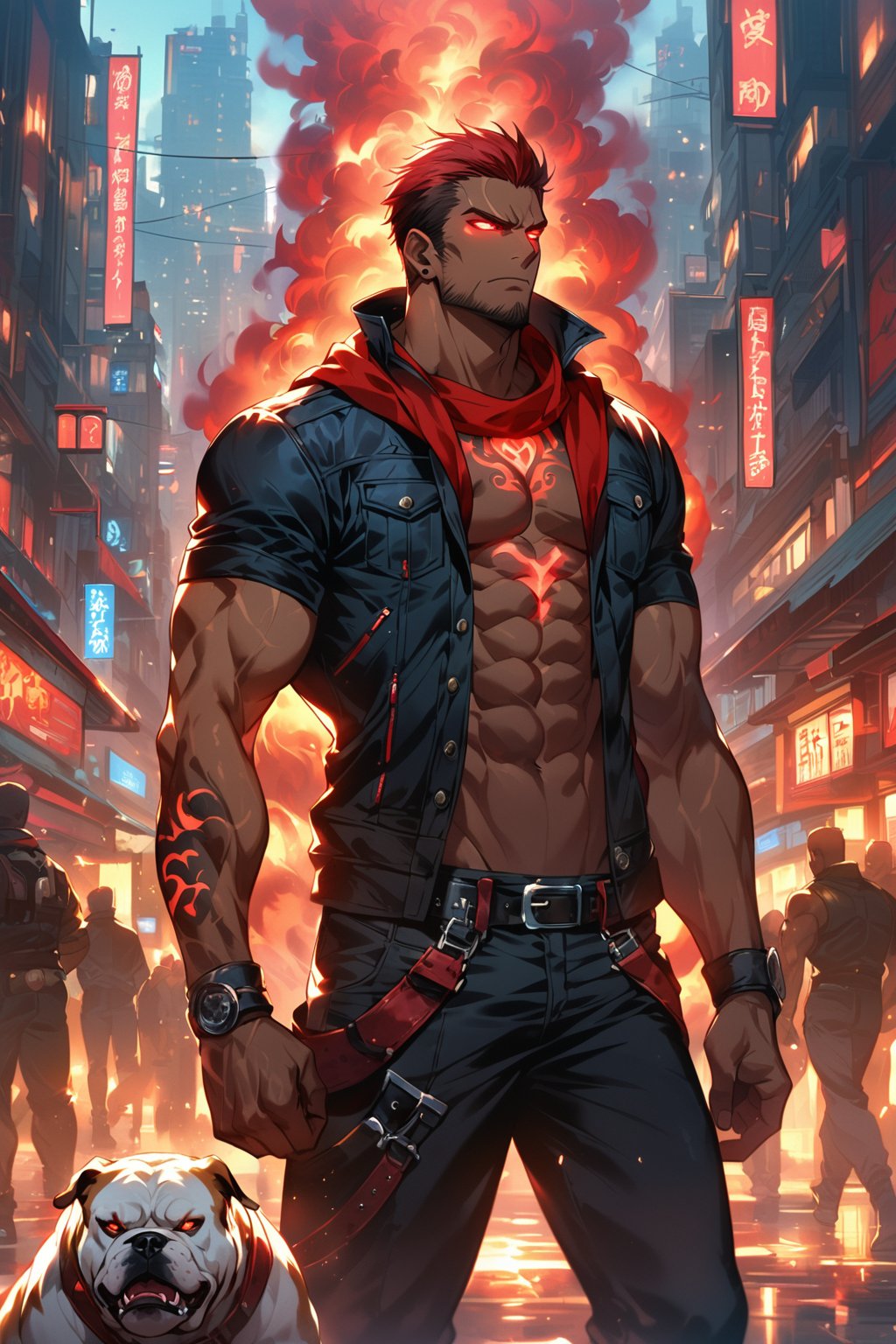 A relaxed handsome Maori Polynesian standing next to a ferocious large bulldog, waering red and black jean jacket and black jeans, wearing a small red scarf around his neck, short red hair, dark brown skin, glowing red Maori Tattoos,. Framed by a city street, his chiseled physique menacing. A shimmering red aura surrounds him, accompanied by glowing eyes that seem to pierce through the atmosphere. Looking out into the distance, he exudes confidence and power as he prepares for battle.