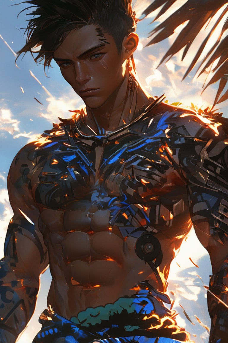 (nostalgic cocept art by Carne Griffiths, Conrad Roset) beautiful mechanical handsome Maori Polynesian guy, with Maori tattoos, short hair, dark brown skin, looking away into the distance, 3D anime man, half human , Full HD render + immense detail  + well lit + fine | ultra - detailed realism, full body art, lighting, high - quality, engraved | highly detailed | digital painting, smooth, sharp focus,, in the anime painting style of kawacy's, trending on artstation, glowing sunflare behind 