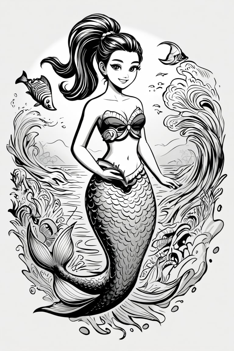 mermaid girl surrounded by fish and dolphins, ponytail, ocean breeze, maori polynesian patterns. coloring page illustration, only black and white colors, without shadows and grey, white background, thin lines, outline vector style graphic, subtle smile,design,abstract,graffiti,Grt2c,ColoringBookAF,Coloring Book