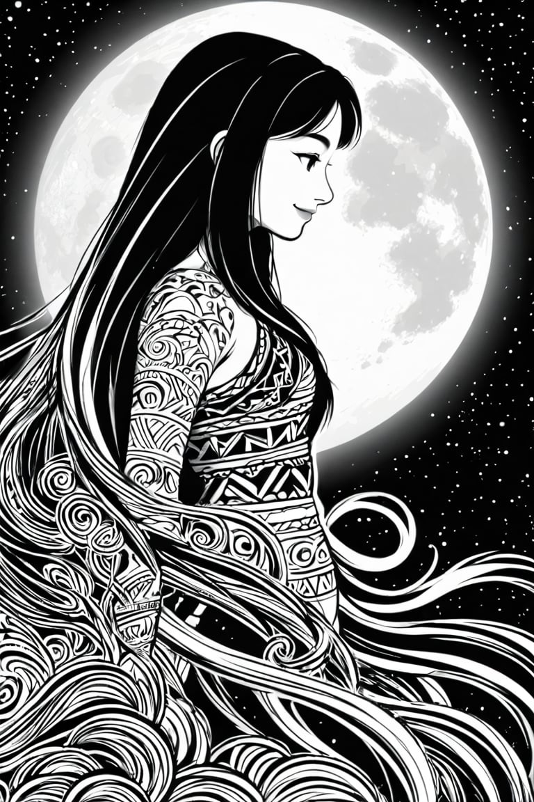 5 year old Maori Polynesian girl, long hair side view, large moon, starry sky, maori polynesian patterns. coloring page illustration, only black and white colors, without shadows and grey, white background, thin lines, outline vector style graphic, subtle smile,design,abstract,graffiti,Grt2c,