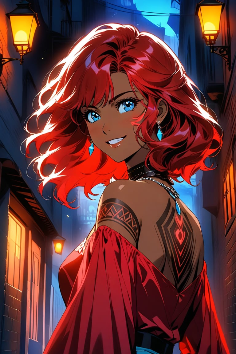 A beautiful Maori Polynesian girl smiles and blushes, looking to the side, side view, wears an ruby red dress that blends in with the surrounding of the dark alley way, dark brown skin. Her red hair, moved by the wind, frames a delicate and determined face.
Glowing Maori Tattoos.
In the background, an alleyway, wrapped in a magical blue atmosphere. Small fireflies dance among the walls,
The image must convey a sense of wonder, discovery and power. The colors should be bright and saturated, with a predominance of reds, blues. The lights and shadows must create a suggestive contrast, emphasizing the magic of the scene.
A Disney cartoon from the 80s, with clean lines and bright colors. The image must have a soft and dreamy look, with a touch of romance