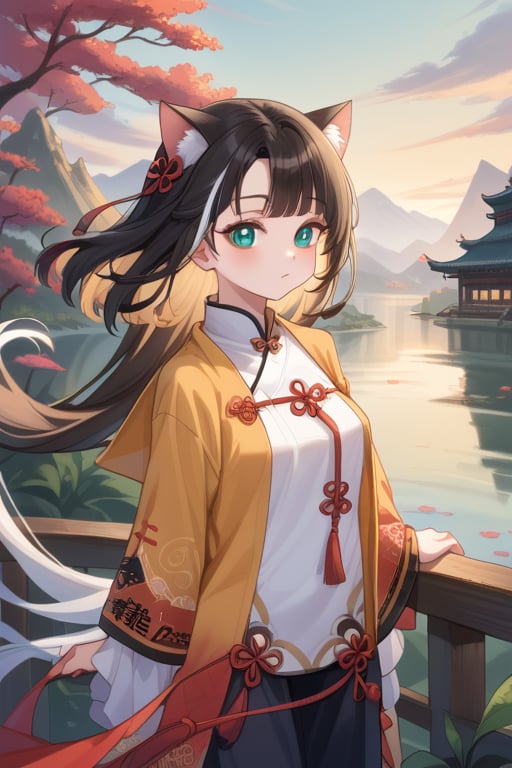 Create a mysterious female character wearing ancient Chinese style clothes,  with the background of magnificent mountains,...