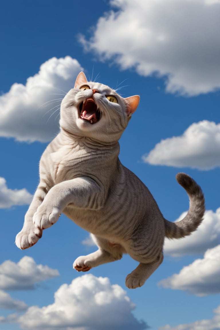 cat male, British Shorthair,flying in the sky, blue sky,cloudy weather, roaring