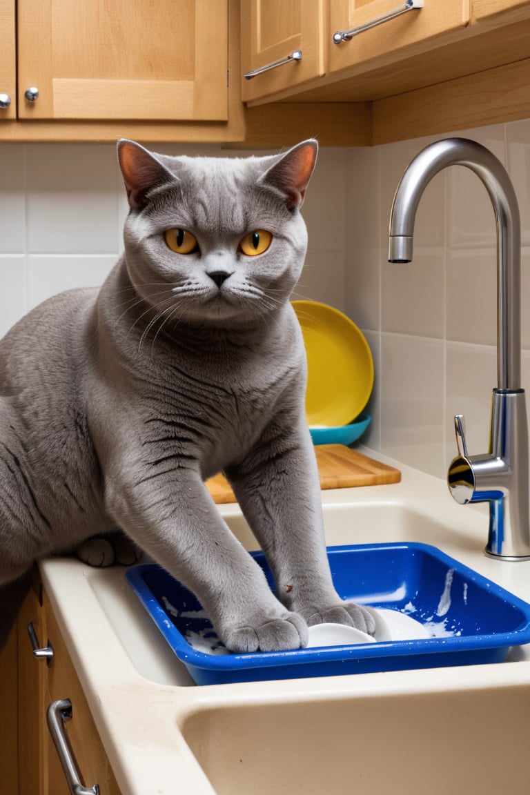 cat male, British Shorthair,wash dishes,kitchen