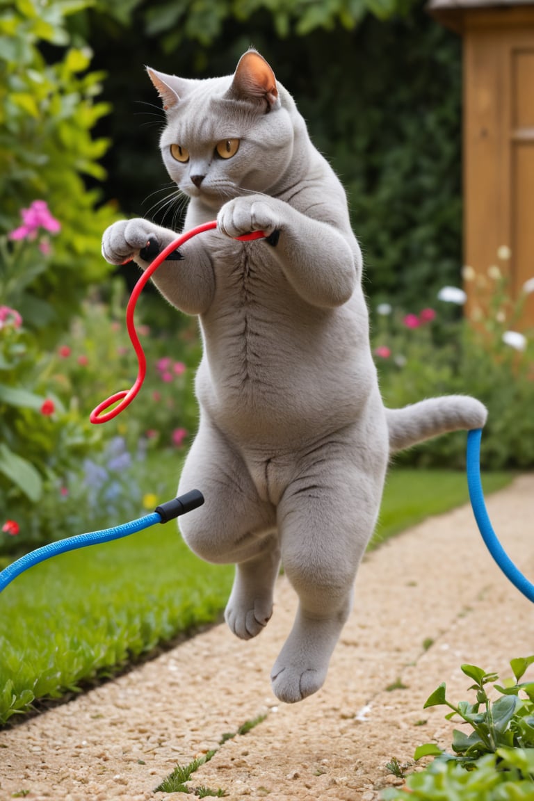 cat male, British Shorthair,jump rope, in the garden