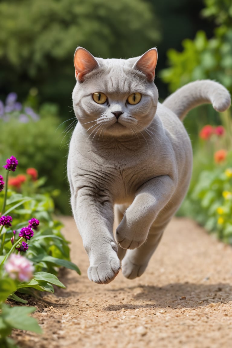 cat male, British Shorthair,running in the garden, smiling