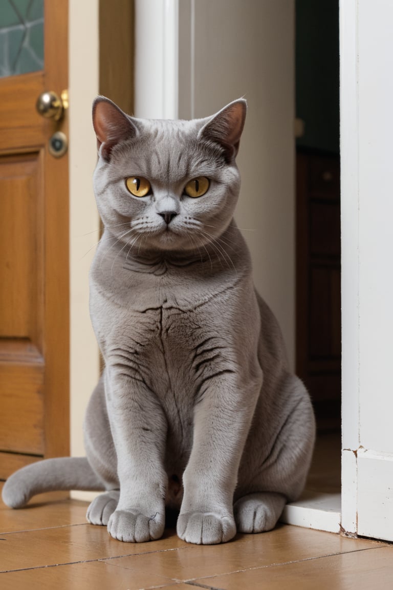 cat male, British Shorthair,Sitting at the crack of the door, looking at you with a smile