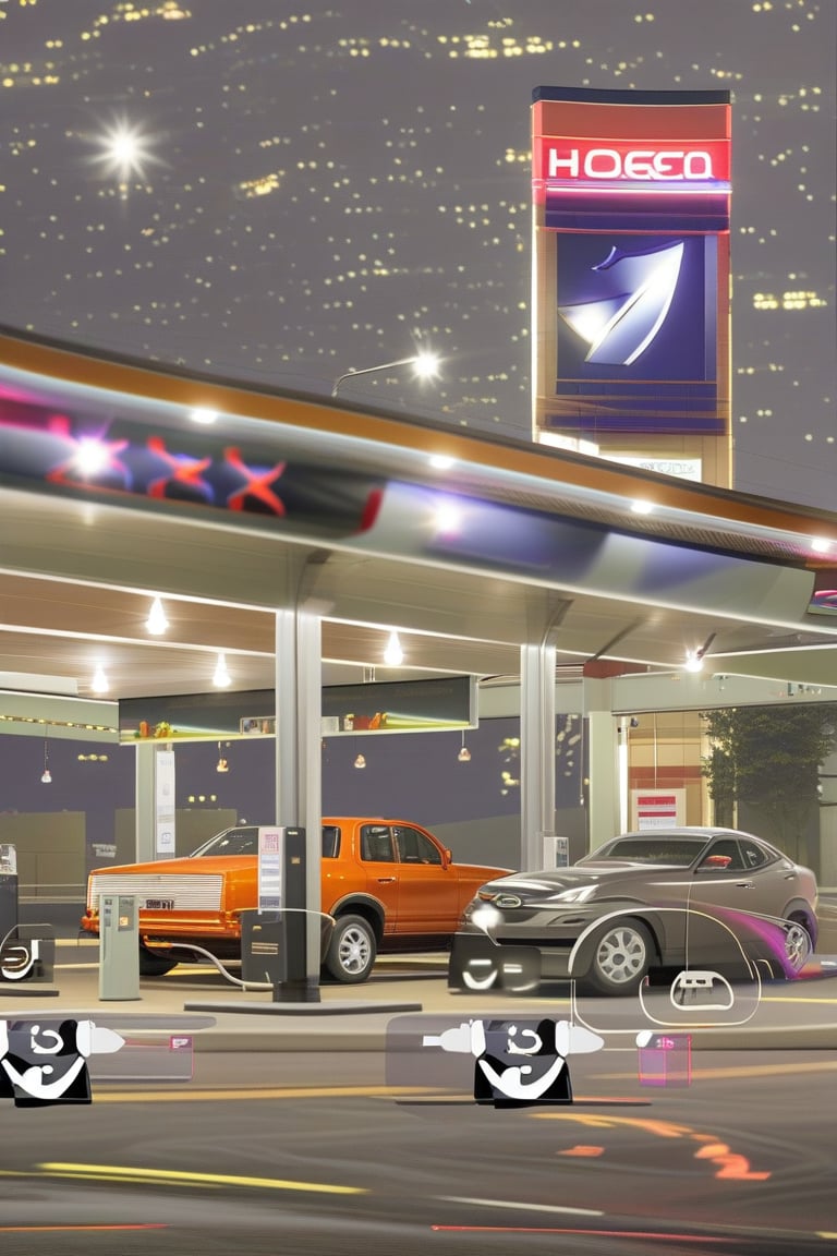 This image shows a night scene at a HASCOL gas station. The primary subjects are the illuminated gas station signage and the vehicles present, indicating a service area during nighttime operations.