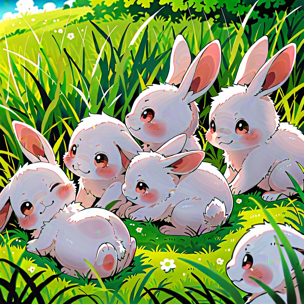 A tranquil scene of baby rabbits nestled in a field of soft, green grass, painted in the style of Dagasi. The artwork features the rabbits in the foreground, their fluffy forms blending seamlessly with the lush grass. Soft, natural lighting bathes the scene, emphasizing the gentle contours of the rabbits. The composition centers on the serene interaction between the rabbits and their surroundings, capturing a moment of peaceful harmony.