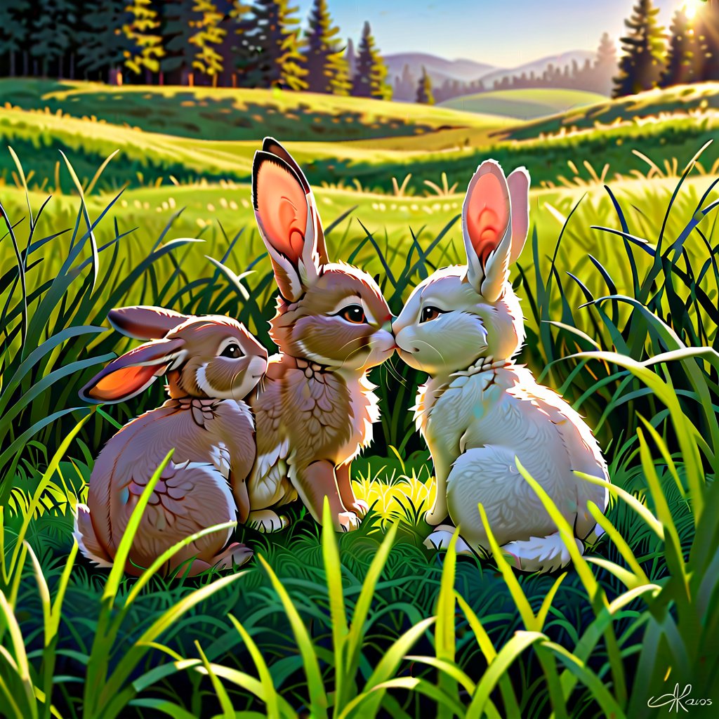 A serene image of baby rabbits nestled in a field of soft, green grass. The scene is framed with the rabbits in the foreground, their fluffy bodies contrasting with the lush grass. Soft, natural lighting illuminates the field, highlighting the gentle curves of the rabbits' bodies. The composition focuses on the peaceful interaction between the rabbits and their environment, capturing a moment of tranquility.