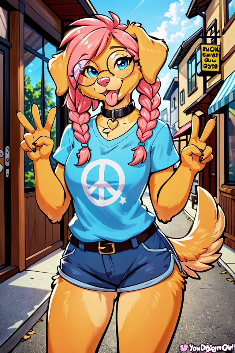 (solo, anthro, female, golden retriever, dog, canine, pink hair, cream fur, pastel fur, braids, blue eyes, pink nose, glasses, round glasses, clothed, black collar, blue t-shirt, blue shorts:1.3), ((((looking at viewer, wink, smile, closed mouth, tongue out, v sign, standing)))), half-body portrait, front view, cowboy shot, scenery, city, outdoors BREAK (by yourdigimongirl:1.4), (by minus8:0.6), (by ittybittykittytittys:1.10), 2d \(artwork\), digital drawing \(artwork\), simple shading BREAK best quality, high quality, extremely high quality, masterpiece, 4k, 8k, 32k, 128k, hd, uhd, fhd, hi res, absurd res, superabsurd res, huge filesize, absurd filesize, insane res, ludicrous res, irreplaceable bvas, highest quality, professional work, vibrant colors, crisp outline, detailed, extremely detailed, high detail, detailed scenery, amazing scenery, beautiful, cute, adorable, soooo cute!!!!, fine details, absurd quality, absolute masterpiece, wonderful, wonderful art, marvelous, marvelous art, a1, extremely good