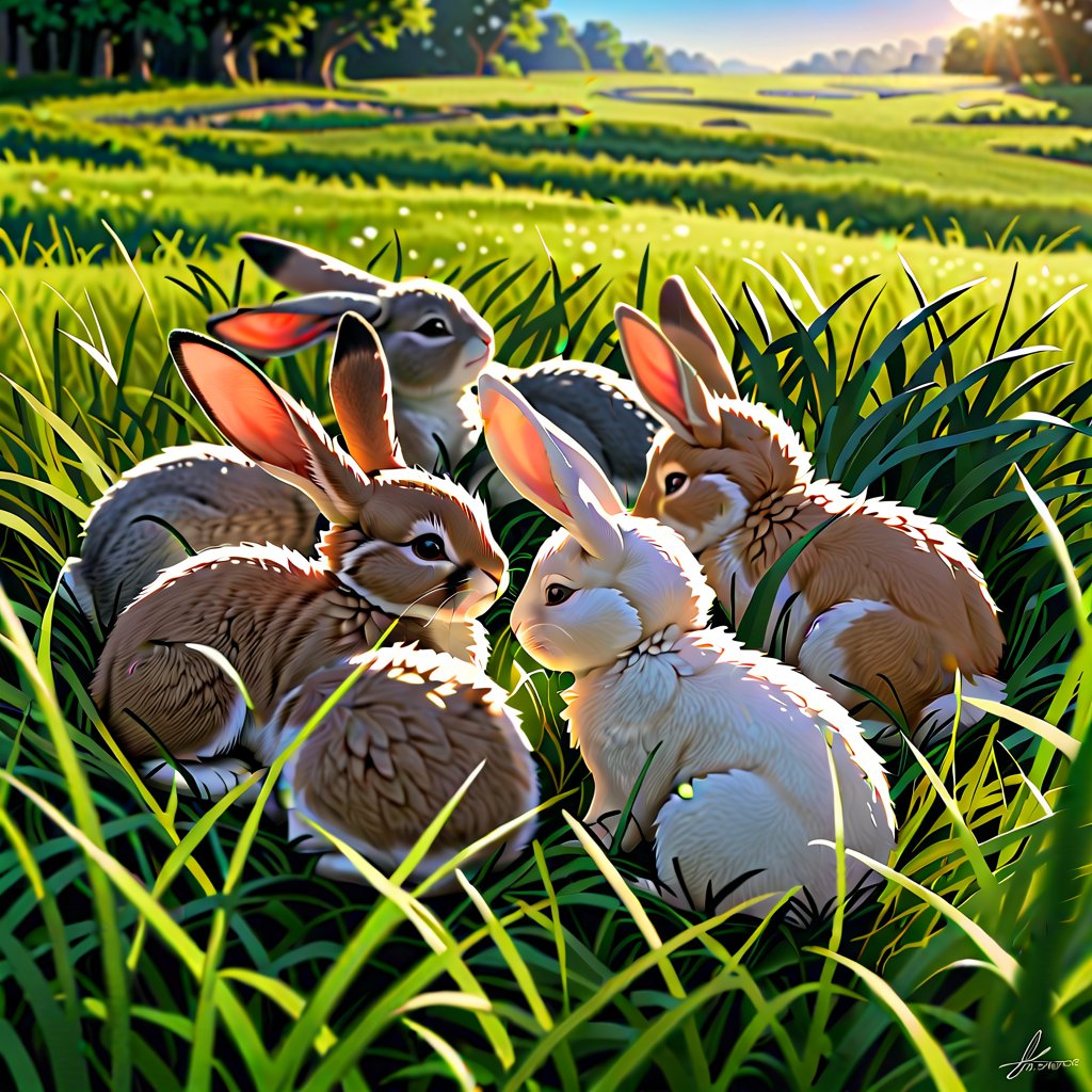 A serene image of baby rabbits nestled in a field of soft, green grass. The scene is framed with the rabbits in the foreground, their fluffy bodies contrasting with the lush grass. Soft, natural lighting illuminates the field, highlighting the gentle curves of the rabbits' bodies. The composition focuses on the peaceful interaction between the rabbits and their environment, capturing a moment of tranquility.