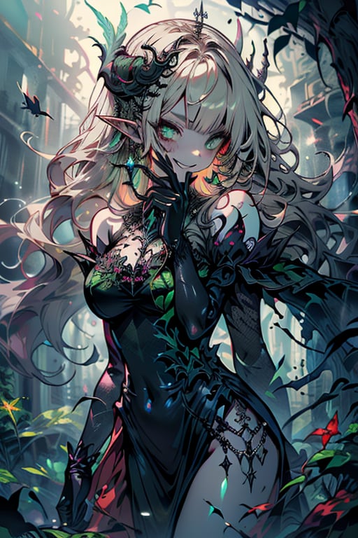 Light Blonde long hair, mullet bangs, deep green eyes, witch, aura of dark power, big poison Ivy crown, pointed ears, queen of darkness, black dress with dark green details, black_gloves with green details, the one who killed Satan, masterpiece, very good quality, smirk, medium breasts, poison ivy in hair, kuudere, gothic, goddess, bare_shoulders, perfect face, excellent quality, excited, the most powerful being in the world, 