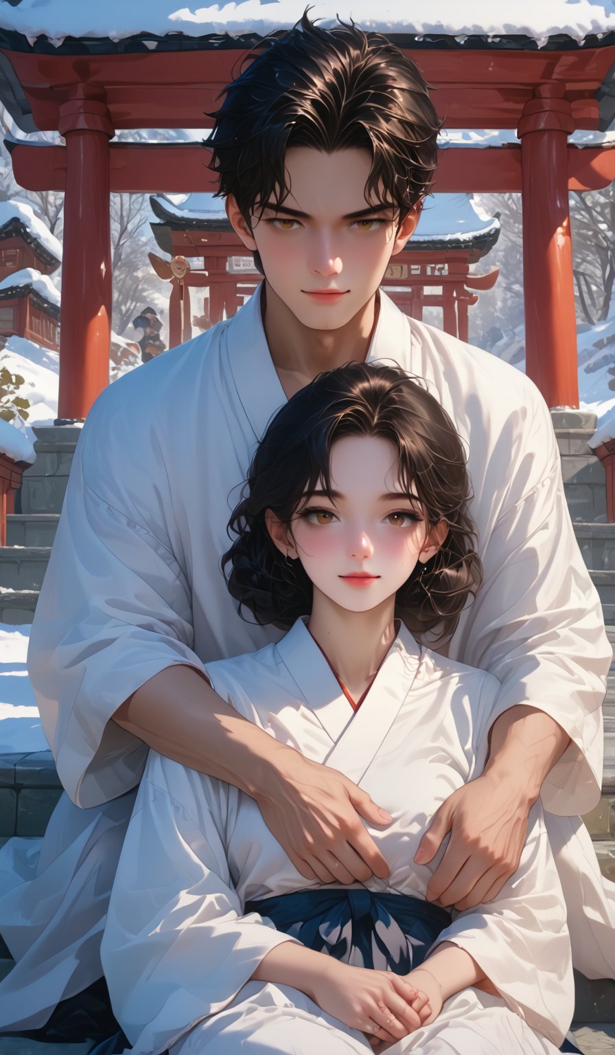 (1couple, Couple photography:1.4), break

Big square body flat breats short wavy black hair korean girl wearing pink_blue hanbok, indonesian fatty messy 2 block hair boy wearing korean traditional outfit, break

(Woman is sitting on man's lap on stairs on shrine couple poses:1.4), snowy shrine, heavy snow on shrine, whispers or shares a joke, creating natural, candid reactions, break

look at viewer, sexy smile, lifelike rendering, detailed facial features, detailed real skin texture, detailed details,score_9,score_8_up,score_7_up,score_6_up