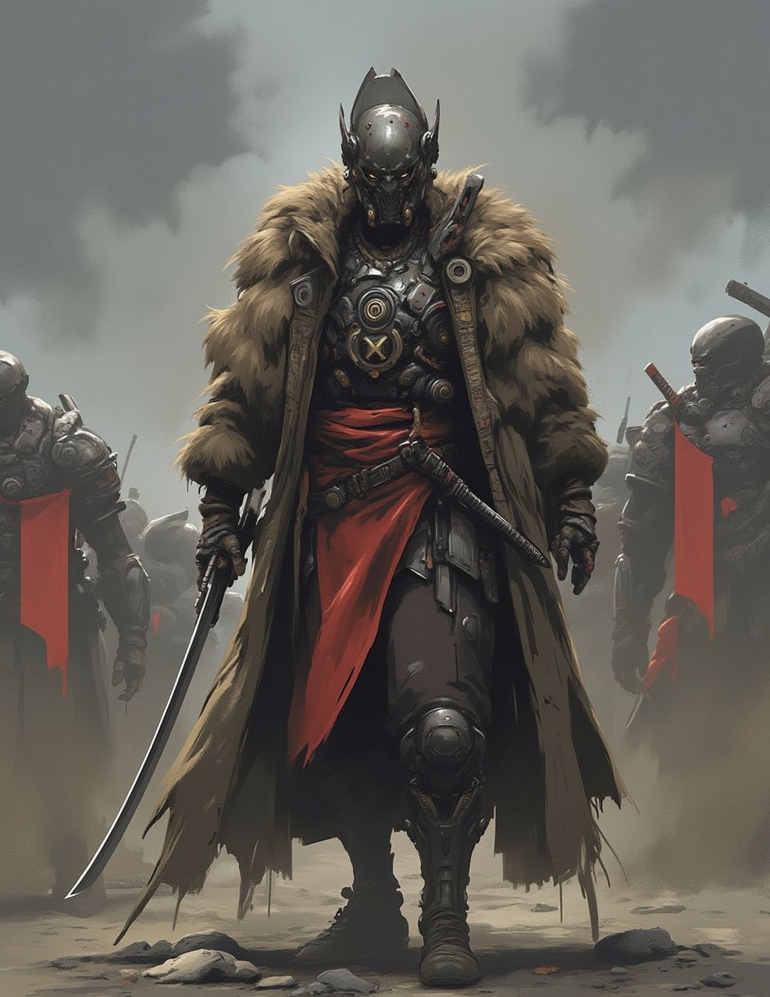 a side view of a warrior in battle armor and fur in a post apocalyptic setting. The medium is not a traditional painting or illustrative medium like watercolor or ink but rather a digital rendering, eerie and unsettling.,Flat-Popji,Cyber-Samuraji