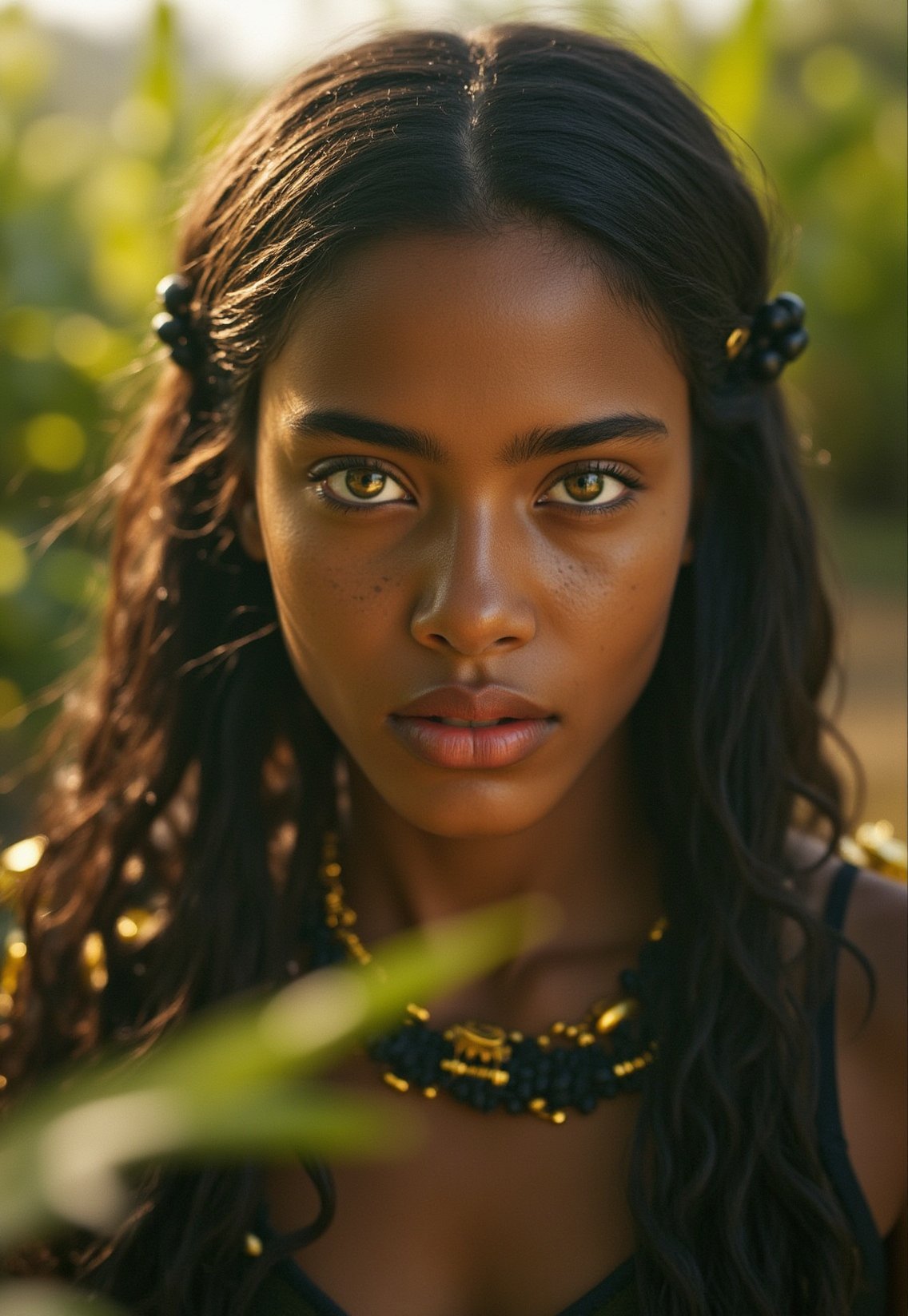 A young cyborg girl with golden accents on her mechanical limbs and eyes glowing like embers. Soft, warm light from the setting . Analog film textures and Kodachrome hues bring out the subtle nuances of her synthetic features. Sharp focus captures every detail as she gazes directly into the lens. Framed by lush foliage, her striking eyes seem to hold a thousand secrets. Shot in 8K HDR, this masterpiece is worthy of awards.