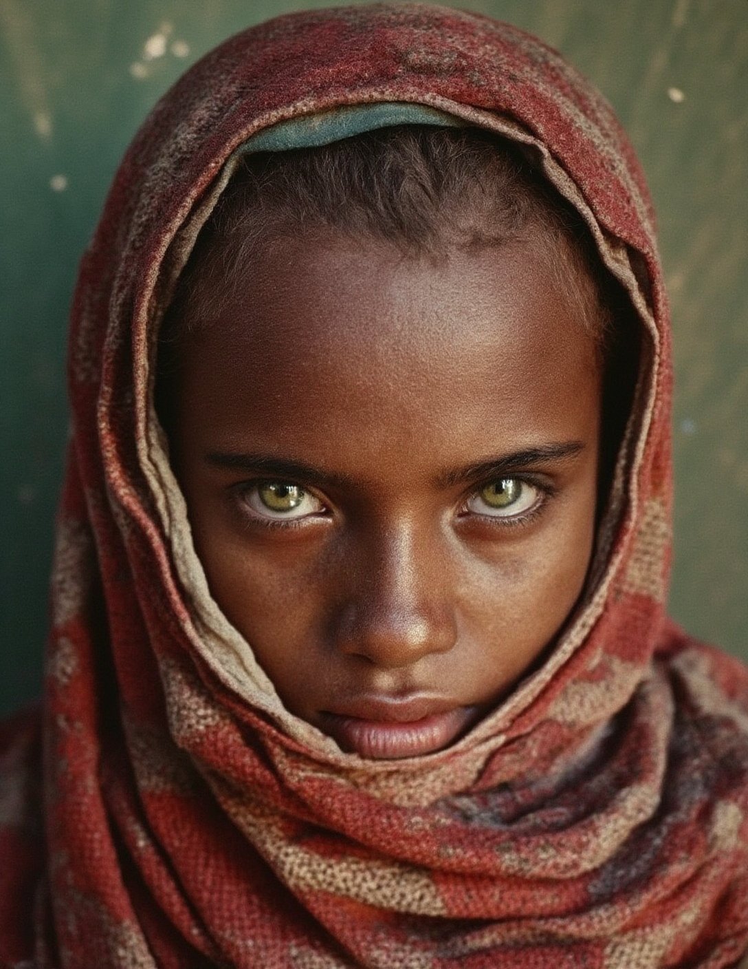 young Somali woman with striking green eyes, cultural portrait, emotive humane photography, rich colors, analog film, film grain, kodachrome, natural soft lighting, masterpiece, award winning photography, Real-Faceji