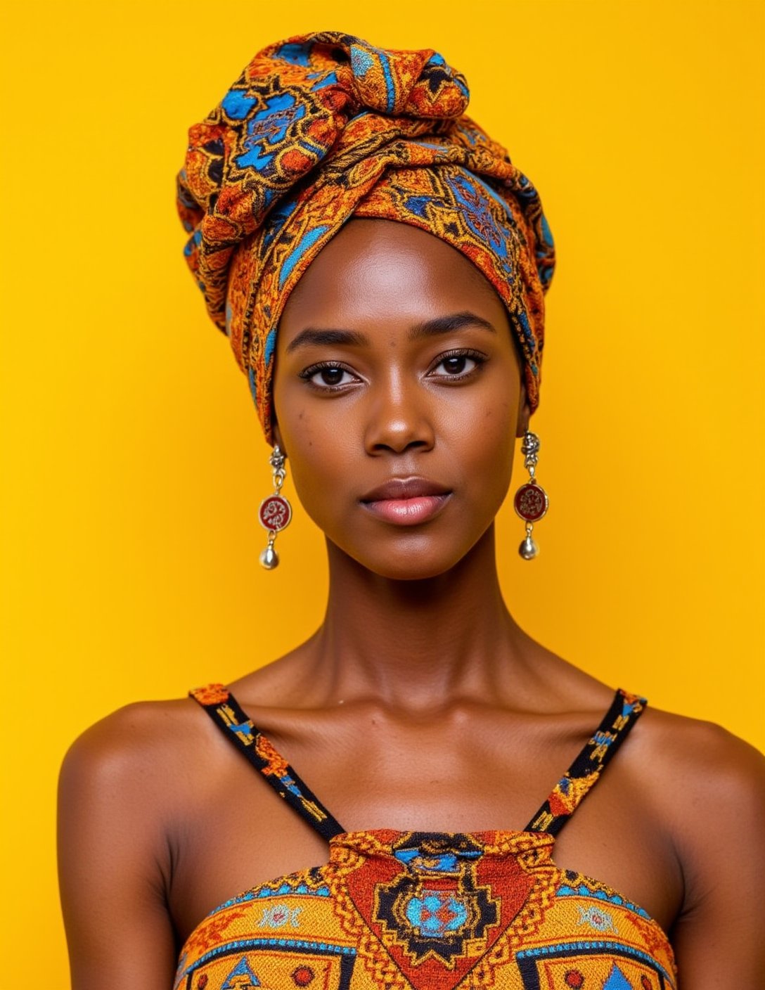 a photorealistic portrait of a African woman, standing in front of a vibrant, sunny yellow backdrop that complements the warmth of her expression. Her attire is a colorful, intricately patterned headwrap that covers her hair, tied in an elaborate and elegant style. The headwrap is adorned with bright colors like orange, blue, red, and yellow, forming geometric patterns that reflect traditional African textile art. She also wears a draped shawl across her shoulders, covered in similar bold, intricate patterns, creating a harmonious blend of colors and textures. Large, statement earrings with African-inspired symbols dangle from her ears, catching the light and adding a touch of elegance. Her skin is smooth and glowing, with natural freckles scattered across her cheeks, enhancing her authentic beauty. The image should emphasize photorealistic detail, capturing the textures of the fabrics, the softness of her skin, and the bright, reflective qualities of the earrings, evoking a sense of pride, joy, and cultural richness.,Real-Faceji