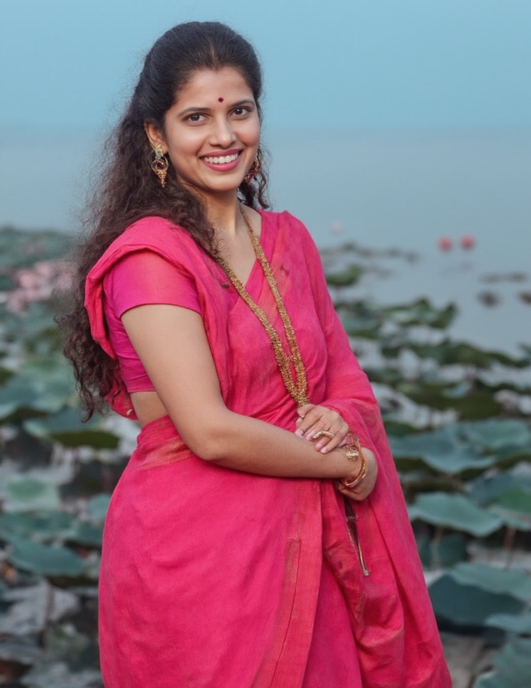 A stunning Indian beauty wears a vibrant pink sari from Mumbai, posed against the serene backdrop of Varanasi's Ganges River at dawn. The camera angle is slightly above eye level, with the subject looking directly into the lens, her eyes shining like diamonds. Soft, blue-gray lighting illuminates her face, while the surrounding cityscape seems to come alive in the morning light. As she smiles, a flock of lotus flowers blooms around her, their petals unfolding like tiny wings.,Real-Faceji, Real-Faceji