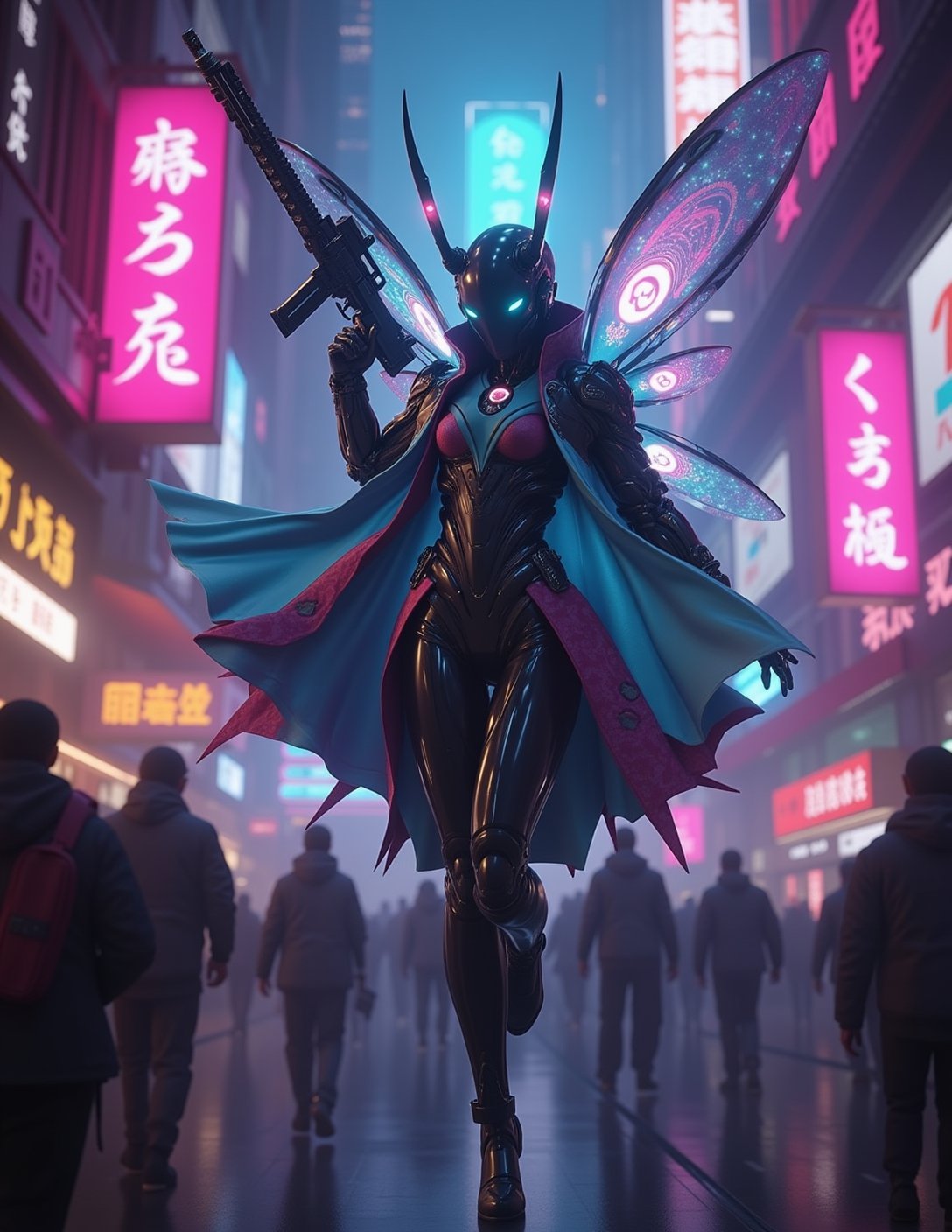 Cyberpunk theme, armed cyberpunk fairy flying in futuristic carnival, high contrast lighting,m, sci-fi elements, 3d rendering, inspired by ralph mcquarrie,
, atmospheric, Max Details, sharp focus, high contrast, stylized, dark, clear, surreal, ultra quality, 8k, best quality, masterpiece, colorful, Cyber-Samuraji