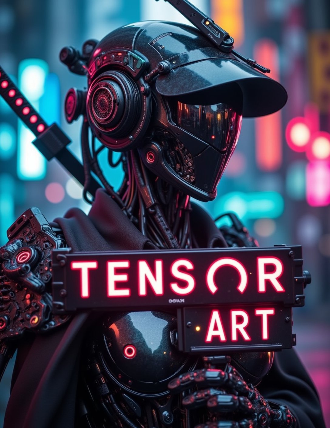 cyberpunk, samurai female robot , holding electronic sign that says "TENSOR ART ", cyberpunk style, cyberpunk helmet techwear, masterpiece, vibrant, realistic, professional photography,Cyber-Samuraji