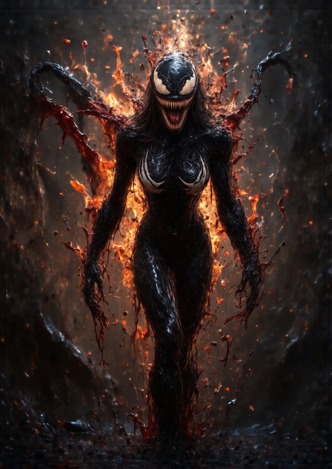 Captured in an 8K resolution, this full-body potrait photo depicts (a demon queen) standing proudly dark background , adorned with a burst of tangy black goo cascades that entwine her limbs with viscous allure. The neo-expressionist masterpiece , bathed in a warm glow . red and orange syrups embrace her form, as if attempting to contain the fiery passion emanating from within.,Venom