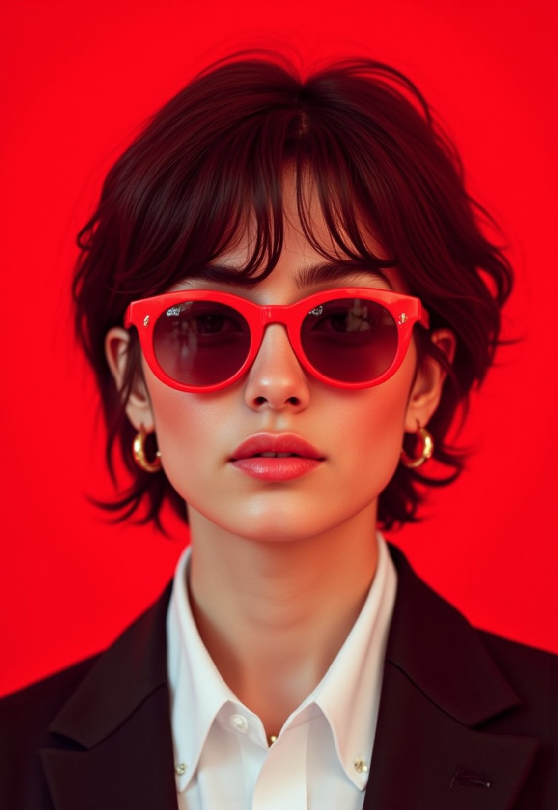 Stylized digital portrait of a person with fair skin and short, dark hair. The subject is wearing red-tinted sunglasses, a white shirt, and a black blazer. They have a confident expression with slightly parted lips and a relaxed posture. The background is a solid, vibrant red, which contrasts with the subject's attire. The person is accessorized with gold jewelry, including a necklace with a pendant and small hoop earrings. The overall composition is bold and striking, with a focus on the subject's face and upper body. easynegative, sinozick style, flat color, dark theme, g4n1m3, RAW photo, subject, 8k uhd, dslr, soft lighting, high quality, film grain, Fujifilm XT3, 4K, photorealistic, High dynamic range, vivid, rich details, clear shadows and highlights, realistic, intense, enhanced contrast, highly detailed, long shot scenic professional photograph of , perfect viewpoint, highly detailed, wide-angle lens, hyper realistic, with dramatic sky, polarizing filter, natural lighting, vivid colors, everything in sharp focus, HDR, UHD, 64K,  Real-Faceji