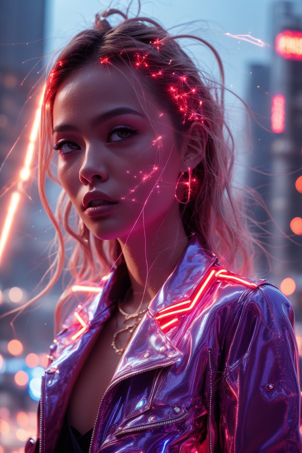 A young and fashionable Taiwanese woman is standing in a square in a metropolis. Behind the woman, a bolt of lightning struck straight towards the ground,close_up,cowboy_shot,Neon,Face,Glow,lightning,(lightning),(lightning background),thunder,lightning bolt