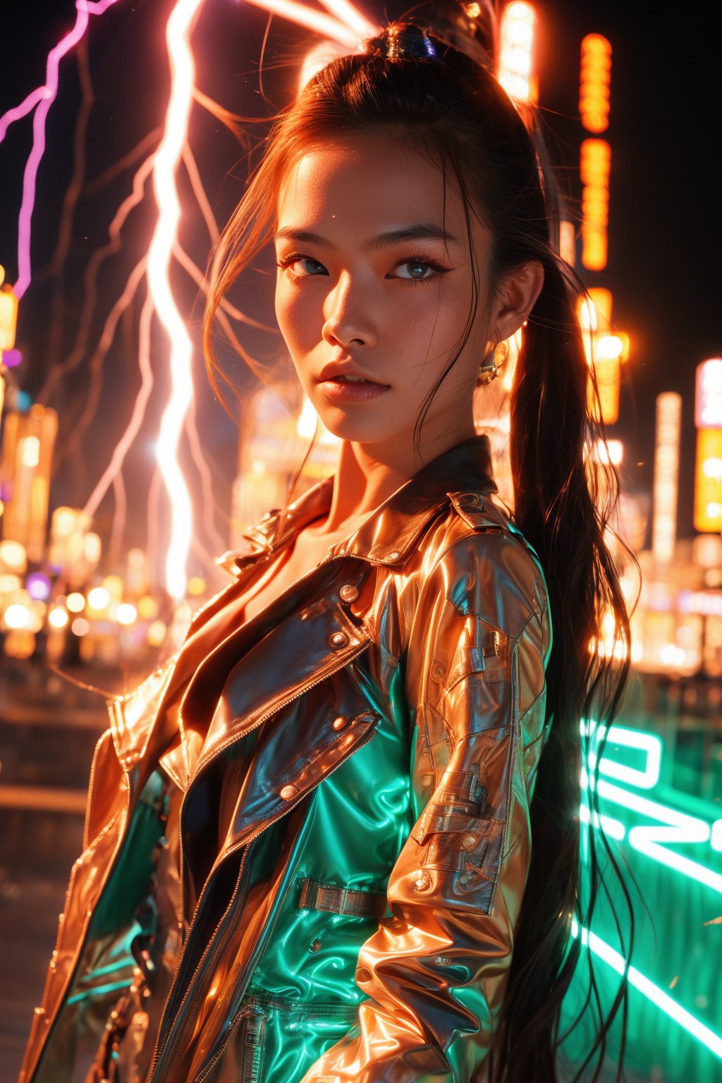 A young and fashionable Taiwanese woman is standing in a square in a metropolis. Behind the woman, a bolt of lightning struck straight towards the ground,close_up,cowboy_shot,Neon,Face,Glow,lightning,(lightning),(lightning background),thunder,lightning bolt