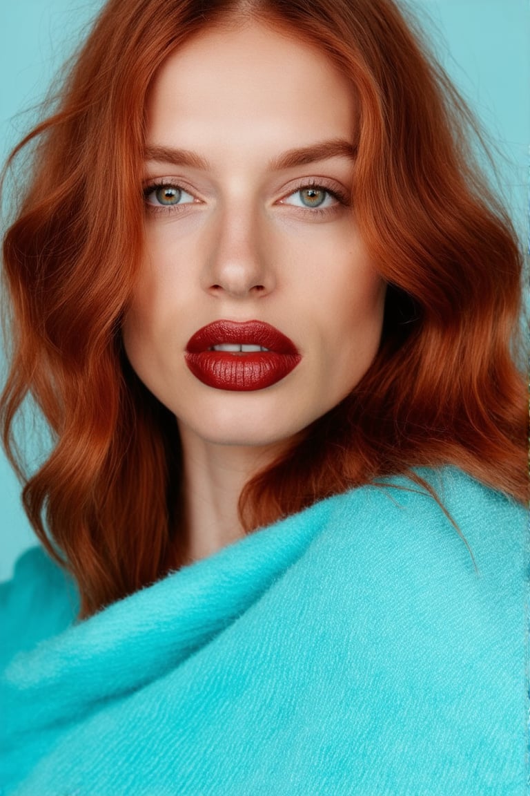 in a medium, eye-level shot, a fair-skinned woman with long, wavy red hair is captured against a light blue backdrop. she's adorned with a light blue scarf draped over her shoulders, adding a touch of elegance to her look. her gaze is directed towards the upper right corner of the frame, while her mouth is slightly ajar, revealing a hint of her lower lip. her eyes, a striking blue, are accentuated by a light brown hue on her cheeks and a darker brown on her lips. her hair, a vibrant shade of red, is styled in loose waves that cascade down her shoulders.