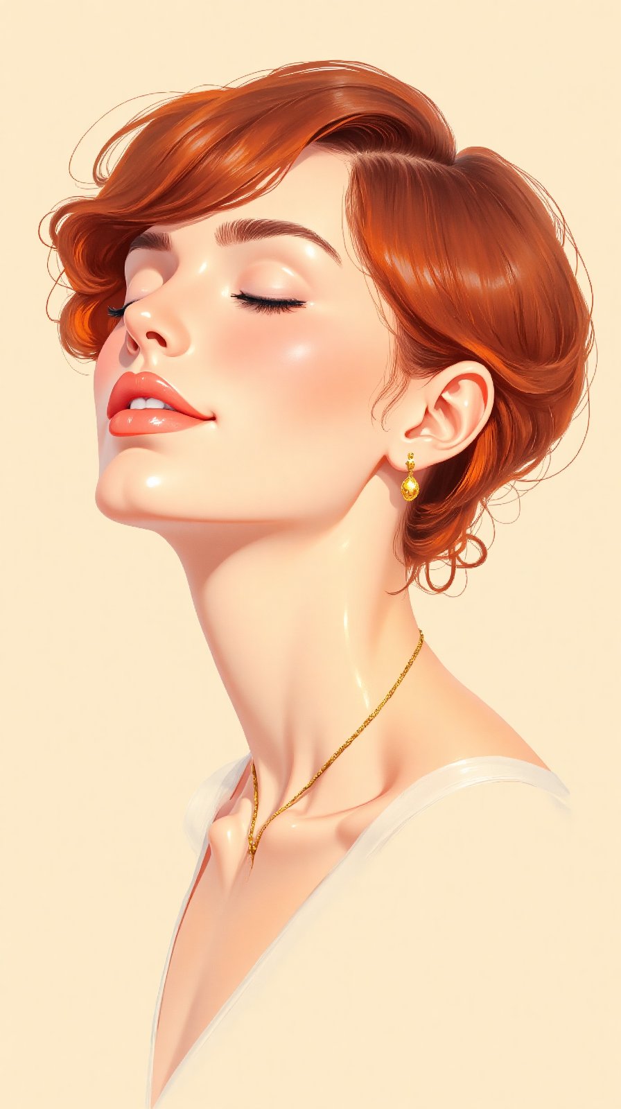 A minimalist portrait featuring a woman with her head slightly tilted,  eyes closed,  and a faint smile. The terracotta to...