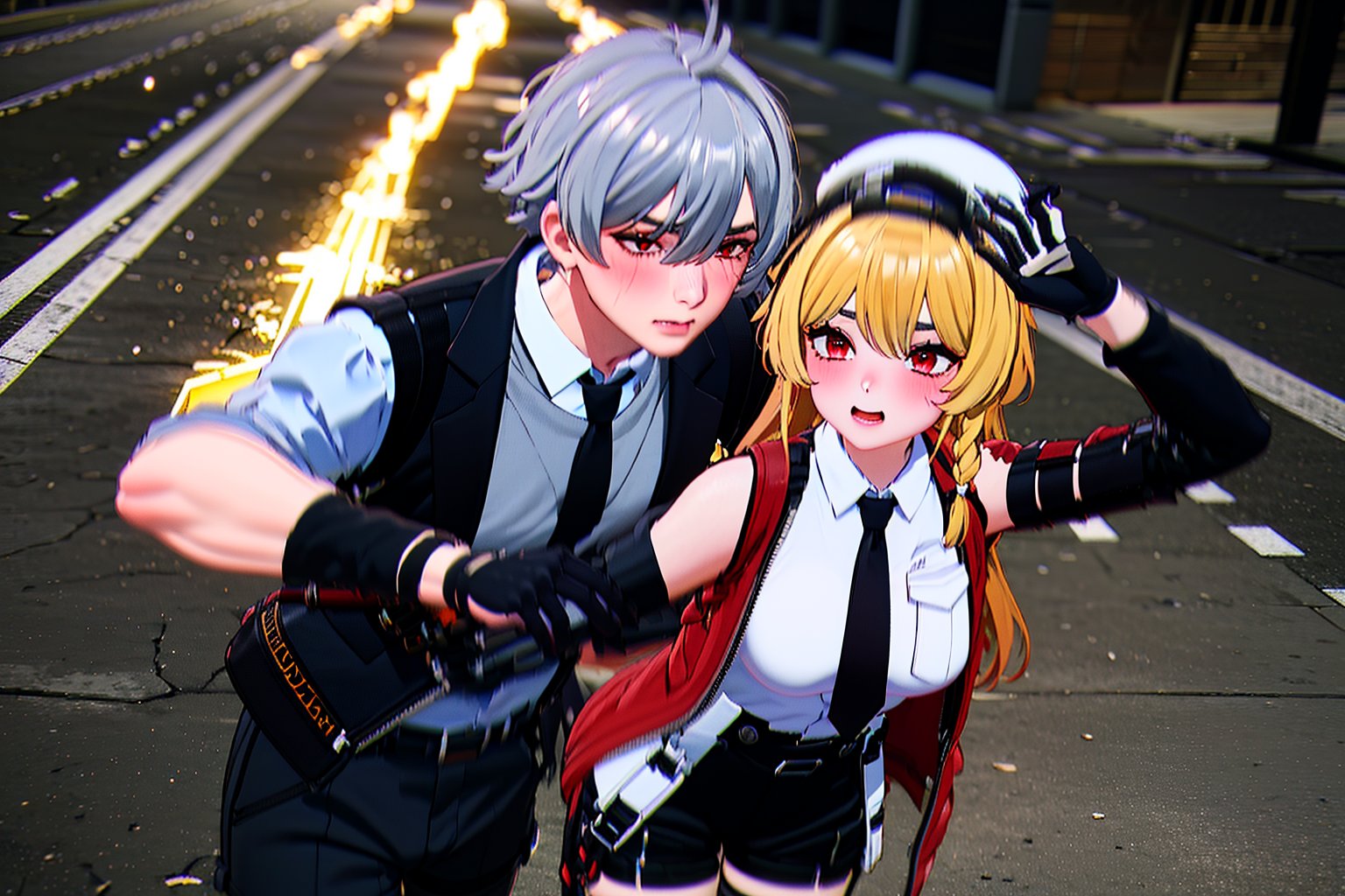 highly detailed, masterpiece, high quality, beautiful,couple, 1girl (long hair, breasts, blush, bangs, blonde hair, shirt, red eyes, thighhighs, gloves), 1boy (1.9,jacket, braid, grey hair, necktie, shorts, black gloves, collared shirt, vest, thigh strap, white headwear, black pants, white jacket,scar on left eye,rogue,lust, smug),having fun together, mechanical arms, hugging each other,happy,