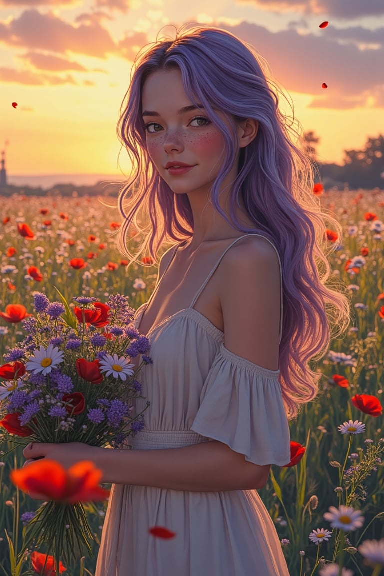 In the heart of an expansive meadow filled with wildflowers, a woman with long, wavy lavender hair carefully selects blooms to form a bouquet, her gentle touch expressing reverence for nature. Her skin has a warm, sun-kissed glow, with delicate freckles sprinkled across her face, highlighting her serene smile. The expression on her face radiates quiet joy and peace, as if each flower she gathers holds a story of beauty. Her almond-shaped eyes reflect the soft light of the setting sun, adding a subtle sparkle to her gaze. Her features suggest mixed heritage, blending Latin American and East Asian influences, giving her a unique and captivating appearance.

She wears a flowing, cream-colored dress that sways lightly with the breeze, its fabric catching the golden sunlight in soft, rippling patterns. Her bouquet is a medley of wildflowers—lavender sprigs, daisies, and vivid red poppies—each petal illuminated as if glowing from within. The Akira and Hirō styles are evident in the crisp, intricate lines that define her movements and the vibrant colors of the blooms, adding depth and vibrancy to every element of the scene.

The background is an endless expanse of meadow stretching toward the horizon, where the sky shifts from warm hues of orange and pink to cooler shades of lavender and indigo as the sun dips lower. Tiny particles of pollen and flower petals float lazily in the air, illuminated by the golden light, adding a sense of whimsy to the tranquil atmosphere. The entire scene evokes a moment of pure connection between the woman and nature—an artistic symphony of light, emotion, and serenity, captured at the perfect moment before dusk embraces the world.