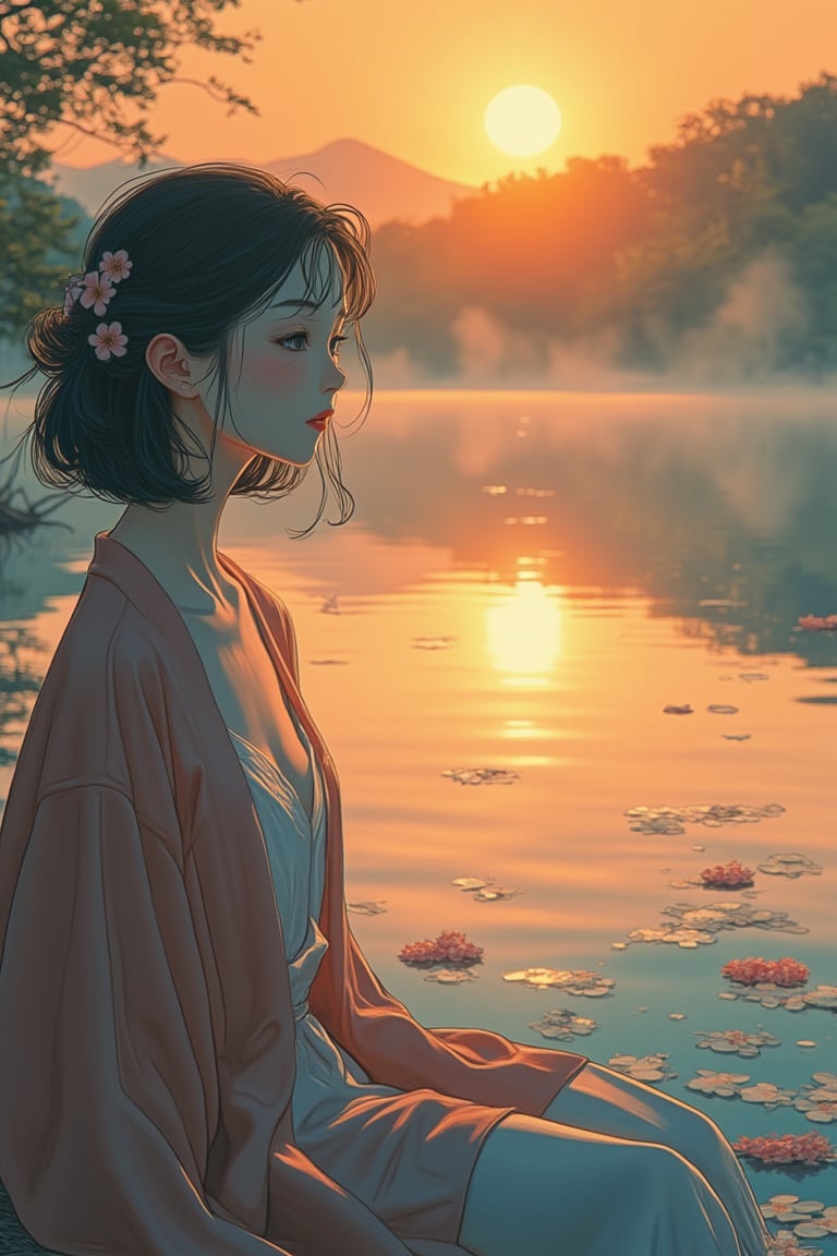 A tranquil lakeside scene at dawn, where a woman is sitting by the edge of a calm lake, gazing at her reflection in the water. Delicate flowers float on the surface, and the soft golden light of the sunrise creates a serene glow across the landscape. The woman's peaceful expression is detailed and precise, with sharp lines and intricate features in Akira and Hirō styles, as she is surrounded by the beauty of nature. The reflection in the water adds depth to the scene, while the soft mist rising from the lake enhances the calm atmosphere. The background showcases a vibrant sunrise, blending warm hues with the stillness of the early morning.