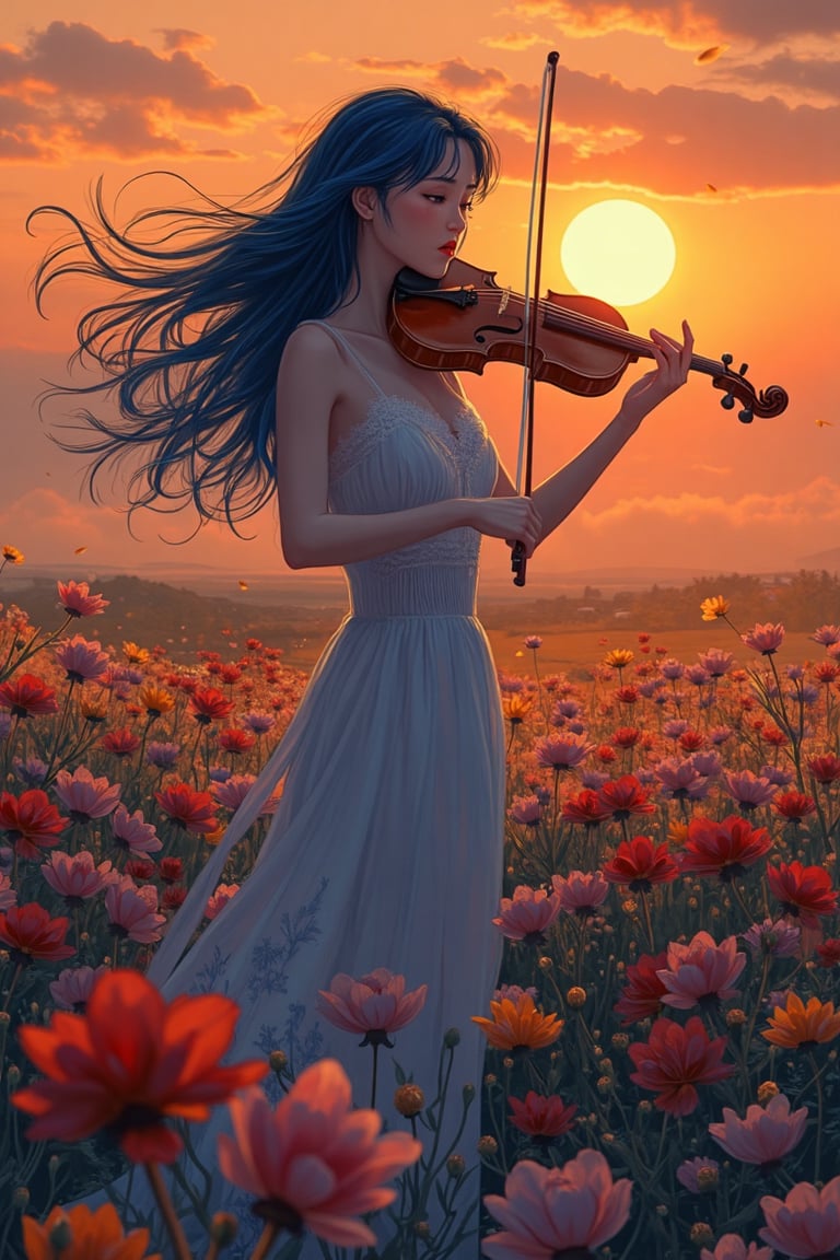 A captivating sunset scene where a woman with flowing, deep azure blue hair plays a violin with graceful precision, standing amid a sea of vibrant flowers in full bloom. The warm, amber light of the setting sun cascades over her silhouette, casting long, delicate shadows across the petals. Each note she plays seems to ripple through the air, visually represented as soft trails of light intertwining with the warm hues of the twilight. Her expression is serene and introspective, with detailed, delicate facial features highlighted by the intricate strokes of Akira and Hirō styles. The violin glimmers softly under the golden light, its strings vibrating in harmony with the soft breeze that sways the flowers gently around her feet. The field of flowers is a medley of deep reds, pastel pinks, and sun-kissed yellows, their petals catching the fading light as if glowing from within. In the distant background, a radiant sun dips below the horizon, its glow blending seamlessly into the gradient sky—transitioning from soft oranges to deep purples, creating a dreamy atmosphere. A light mist begins to form over the landscape, adding an ethereal touch, as if the music, air, and light were merging into one. The scene radiates poetic beauty and calm, a fleeting moment where art, music, and nature coexist in perfect harmony.