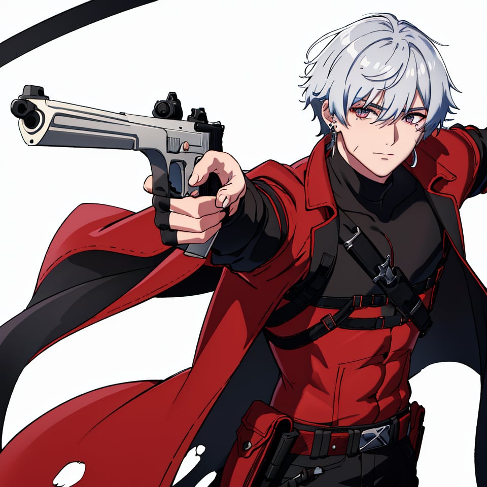 masterpiece, highest quality, so beautiful,highly definited,(medium long shot),solo, looking at viewer, short hair, left eye red, right eye silver, 1boy, hair between eyes, jewelry, closed mouth, jacket, white hair, male focus, earrings, belt, pants,black fingerless gloves, torn clothes, thigh strap, turtleneck, black pants, red jacket, holster,claw scar on left eye,aiming a pistol,glock 20cm,