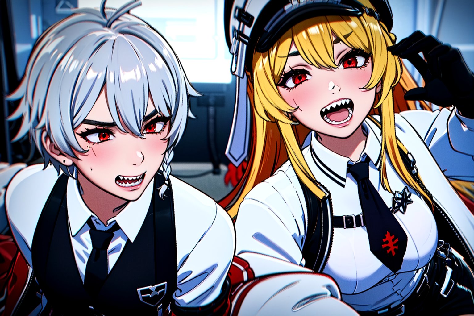 highly detailed, masterpiece, high quality, beautiful,couple, 1girl (long hair, breasts, bangs, blonde hair, shirt, red eyes, thighhighs, gloves), 1boy (1.9,jacket, braid, grey hair, necktie, shorts, black gloves, collared shirt, vest, thigh strap, white headwear, black pants, white jacket,scar on left eye,rogue, smug,sharp teeth,grin,male focus)