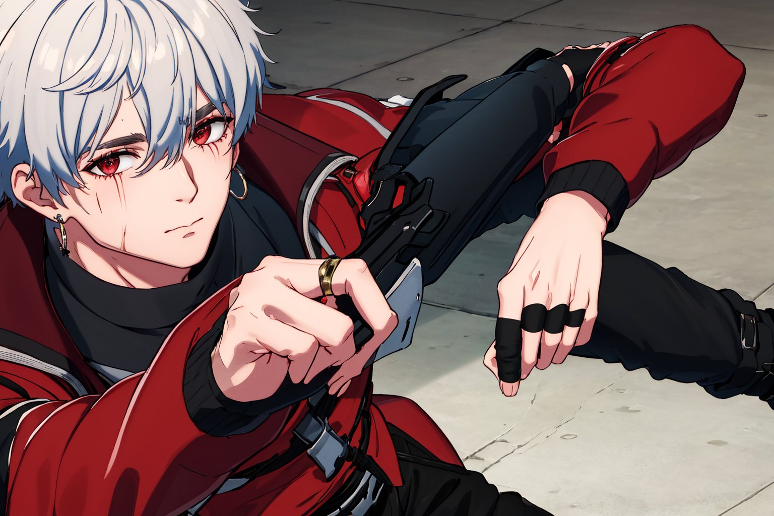 masterpiece, highest quality, so beautiful,highly definited,medium close up shot,solo, looking at viewer, short hair, left eye red, right eye silver, gloves, 1boy, hair between eyes, jewelry, closed mouth, jacket, white hair, male focus, earrings, shoes, black gloves, belt, pants, fingerless gloves, torn clothes, thigh strap, turtleneck, black pants, red jacket, holster,claw scar on left eye,