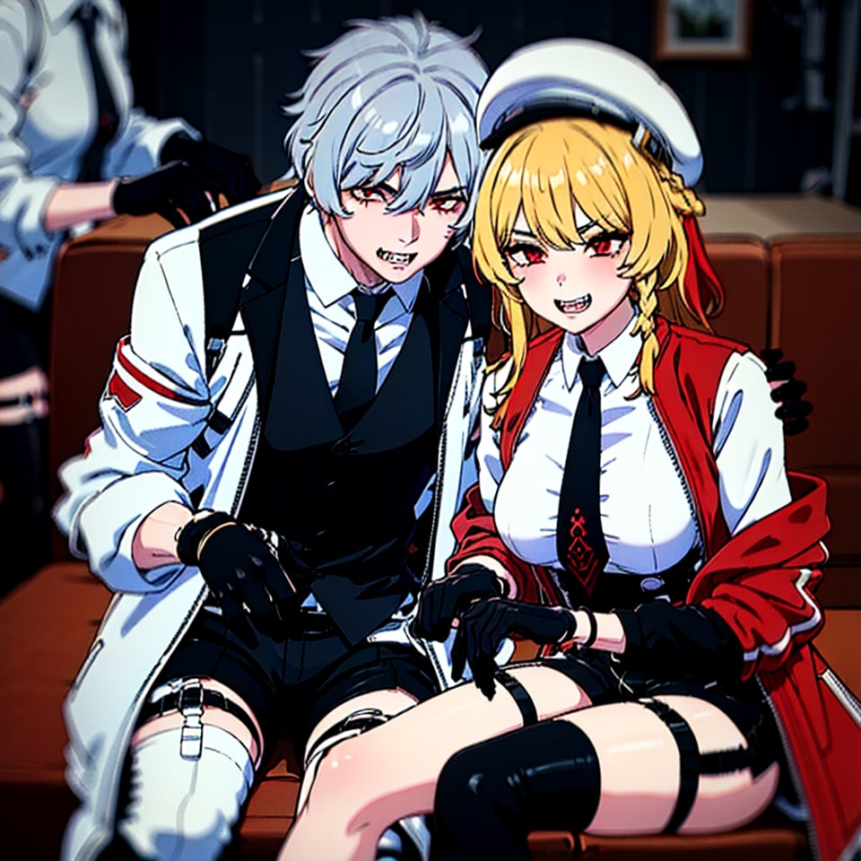 highly detailed, masterpiece, high quality, beautiful,couple, 1girl (long hair, breasts, bangs, blonde hair, shirt, red eyes, thighhighs, gloves), 1boy (1.9,jacket, braid, grey hair, necktie, shorts, black gloves, collared shirt, vest, thigh strap, white headwear, black pants, white jacket,scar on left eye,rogue, smug,sharp teeth,grin,male focus)