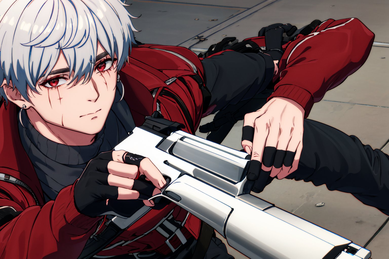 masterpiece, highest quality, so beautiful,highly definited,medium close up shot,solo, looking at viewer, short hair, left eye red, right eye silver, gloves, 1boy, hair between eyes, jewelry, closed mouth, jacket, white hair, male focus, earrings, shoes, black gloves, belt, pants, fingerless gloves, torn clothes, thigh strap, turtleneck, black pants, red jacket, holster,claw scar on left eye,holding a gun, pistol,