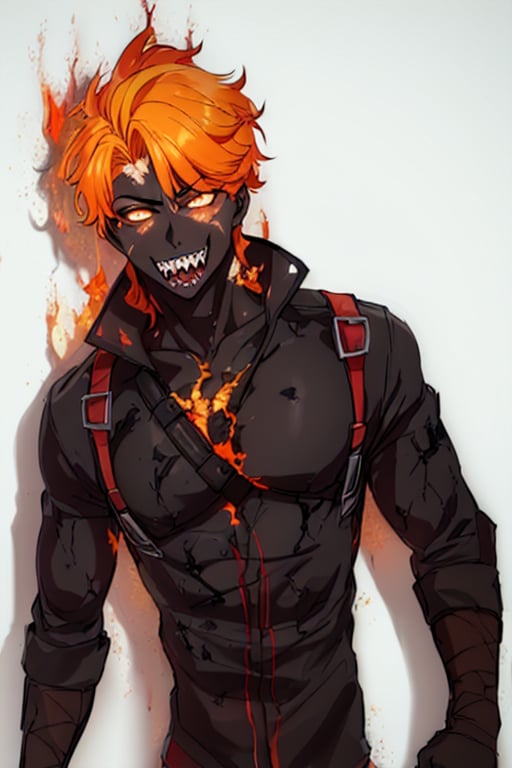 magmaboi, masterpiece, high quality, beautiful, 1 boy, young boy, 25 years old, flaming orange hair, dark skin, charred skin, dark clothes, sexy, sharp teeth, dark eyes,