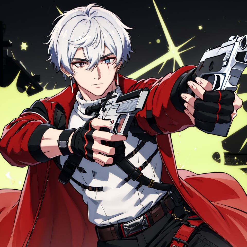 masterpiece, highest quality, so beautiful,highly definited,(medium long shot),solo, looking at viewer, short hair, left eye red, right eye silver, 1boy, hair between eyes, jewelry, closed mouth, jacket, white hair, male focus, earrings, belt, pants,black fingerless gloves, torn clothes, thigh strap, turtleneck, black pants, red jacket, holster,claw scar on left eye,aiming a pistol glock 17cm,