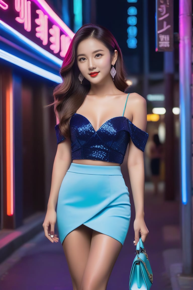 a  pretty korean lady is now dressed in a striking and glamorous outfit, perfect for a night out. She wears a half-cup top paired with a short skirt, both sparkling and shining under the neon lights of the street. Her tall high heels add to her confident and alluring appearance. Her makeup is bold and sexy, with smoky eyes and a vibrant lip color, enhancing her features and complementing her outfit. She carries a stylish purse, holding it casually yet elegantly. As she waits for her man to pick her up, the neon lights create a vibrant and dynamic backdrop, highlighting her glamorous look and the exciting energy of the nigh, she has long silky hair, she wears earings