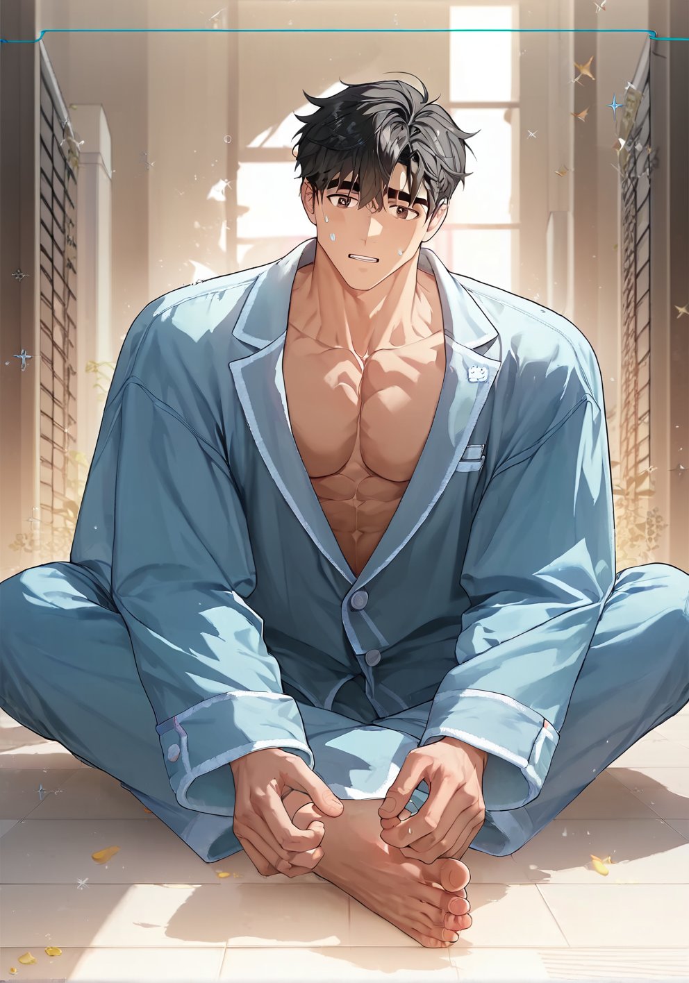 score_9, score_8_up, score_7_up, solo, 1boy, male focus, masculine, indoor, best quality, amazing quality, perfect body, perfect resolution, best aesthetics, year 2023, full body, pajama, sitting, muscular man, pecs, black hair, short hair, dark brown eyes, expressive, attractive, cute, innocent.