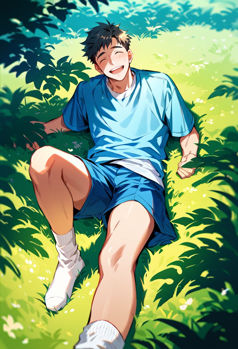 score_9, score_8_up, score_7_up, score_6_up, masterpiece, best quality, best aesthetics, perfect anatomy, perfect proportions, high resolution, good colors, good shading, countershading, well detailed background, BREAK, rating explicit, 1boy, lying on grassy ,arms stretched, short-sleeved blue shirt, dark blue shorts,white socks, face up, excited. extended legs, happy