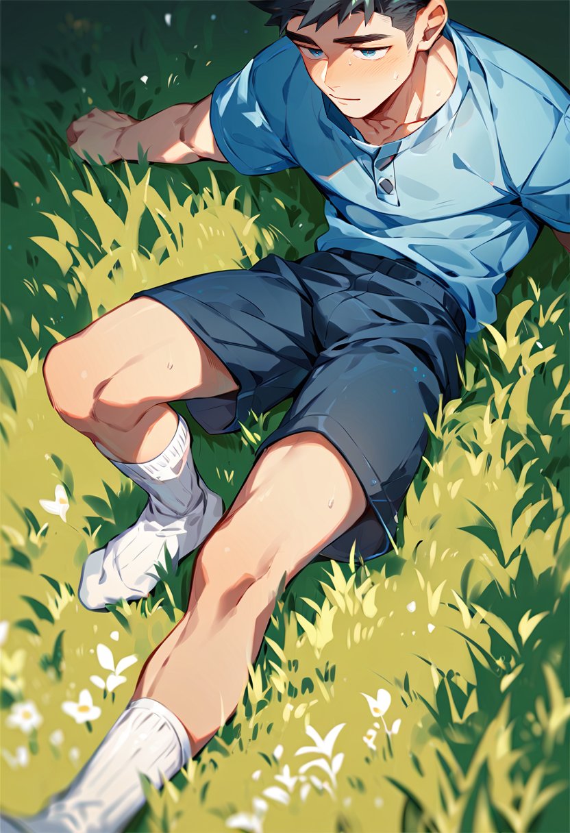 score_9, score_8_up, score_7_up, score_6_up, rating explicit, a man is lying on a grassy field, his arms stretched out to his sides. He is wearing a short-sleeved blue shirt, dark blue shorts, and a pair of white socks